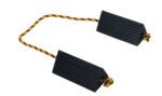 The Vestil Rubber Airline Wheel Chock 5 X 10 includes two black chocks linked by a yellow and black striped rope, featuring ridged textures for vehicle stabilization.