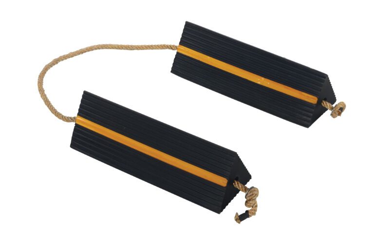 The Vestil Rubber Airline Wheel Chock W/Rope 6 x 18 set includes two black rubber chocks connected by a yellow rope, each with a groove and a bold yellow stripe for enhanced functionality and visibility.