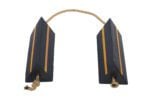 The Vestil Rubber Airline Wheel Chock W/Rope 6 X 18 features two durable black triangular wheel chocks with yellow stripes, linked by a beige rope, ensuring vehicles remain safely stationary when parked.