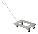 The Vestil Aluminum Channel Dolly 18Wx24L W/Handle features a ribbed gray platform, a sturdy metal pull handle, and four robust black caster wheels for effortless maneuverability and reliable support.