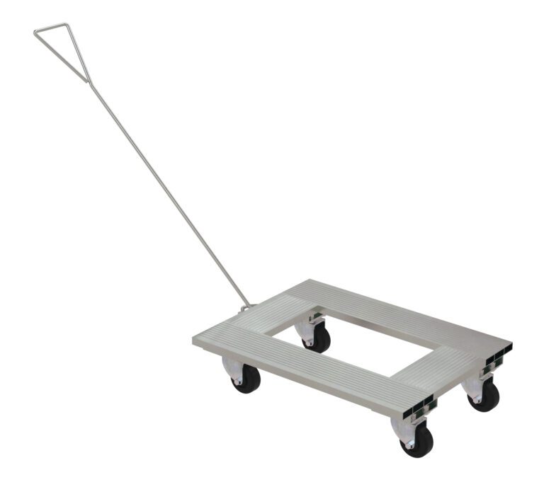 The Vestil Aluminum Channel Dolly 18Wx24L W/Handle features a ribbed gray platform, a sturdy metal pull handle, and four robust black caster wheels for effortless maneuverability and reliable support.