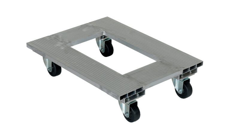 Introducing the Vestil Aluminum Channel Dolly 900 Lb 18W X 24L, featuring a rectangular open center and ribbed surface texture. With four black caster wheels, it is designed for convenience and durability, supporting up to 900 lbs while ensuring easy maneuverability.