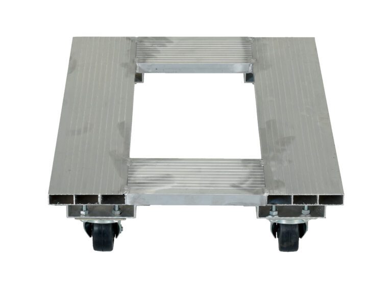 The Vestil Aluminum Channel Dolly 900 Lb 18W X 24L has a rectangular metal frame on four black caster wheels, offering an open center and ridged surface for support. The sturdy wheels ensure easy mobility, making it perfect for moving large items.