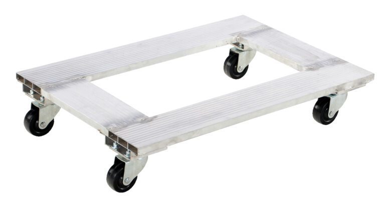 The Vestil Aluminum Channel Dolly 900 Lb 21W X 30L is a rectangular metal dolly with a grated surface, equipped with four swivel caster wheels, ideal for moving heavy loads while offering a sleek, industrial design.