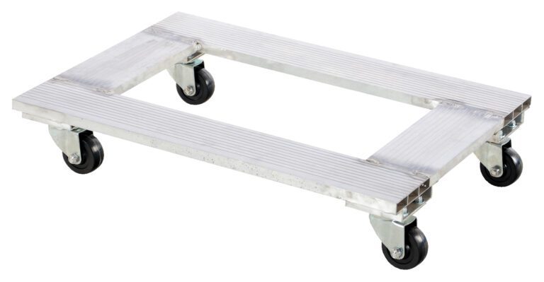 The Vestil Aluminum Channel Dolly 900 Lb 21W X 30L features a flat aluminum design and four black wheels. Its ribbed surface offers a great grip, making it perfect for moving heavy items effortlessly.