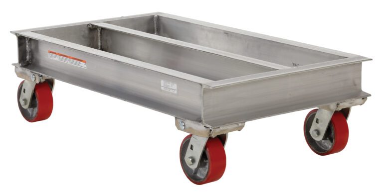 The Vestil Aluminum Channel Dolly 2000 Lb 21W X 36L, with four red rubber wheels and two rectangular compartments, is showcased against a white background. It boasts effortless mobility and efficiency, supporting up to 2000 lbs.