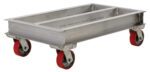 Meet the Vestil Aluminum Channel Dolly 2000 Lb, featuring a strong rectangular frame with open sides and four red caster wheels. This 21W x 36L dolly ensures easy transport of heavy items on a clean white backdrop.