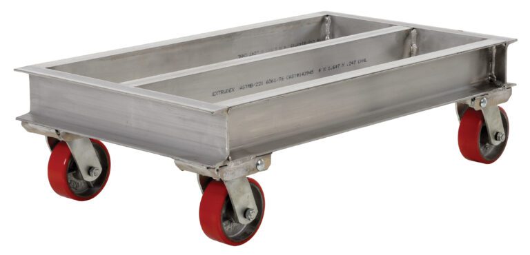 Meet the Vestil Aluminum Channel Dolly 2000 Lb, featuring a strong rectangular frame with open sides and four red caster wheels. This 21W x 36L dolly ensures easy transport of heavy items on a clean white backdrop.