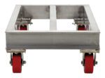 The Vestil Aluminum Channel Dolly 2000 Lb, measuring 21W x 36L, has a strong metal frame and four red caster wheels, designed for heavy-duty use with sturdy construction and a smooth finish.