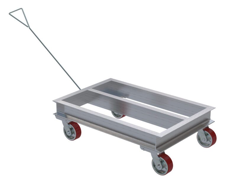 The Vestil Aluminum Channel Dolly 40Wx42L W/Handle features a durable rectangular frame with a long handle and four red wheels, perfect for transporting heavy items efficiently against a plain white background.