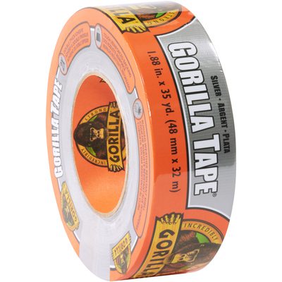ADHGGT240.jpg A roll of 2 x 30 yds. Silver Gorilla® Duct Tape is displayed with prominent branding, highlighting its strength and adhesive quality.
