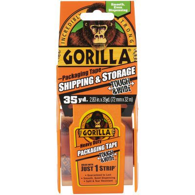 ADHGGT335.jpg The image displays a 3 x 35 yds. Gorilla® Shipping Tape box with a bold orange design, highlighting its Heavy Duty Packaging Tape qualities alongside Smooth, Even Dispensing, and Tough & Wide features for reliable use.