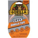 Gorilla Tapes crystal clear packaging features a gorilla image, emphasizing its attributes: incredibly strong, fix, patch, seal, works under water, UV resistant, heavy duty, and flexible. The 2 x 27 Gorilla® Clear Repair tape is ideal for any tough job.