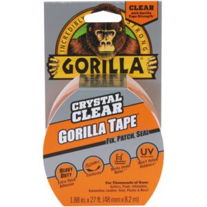 Gorilla Tapes crystal clear packaging features a gorilla image, emphasizing its attributes: incredibly strong, fix, patch, seal, works under water, UV resistant, heavy duty, and flexible. The 2 x 27 Gorilla® Clear Repair tape is ideal for any tough job.