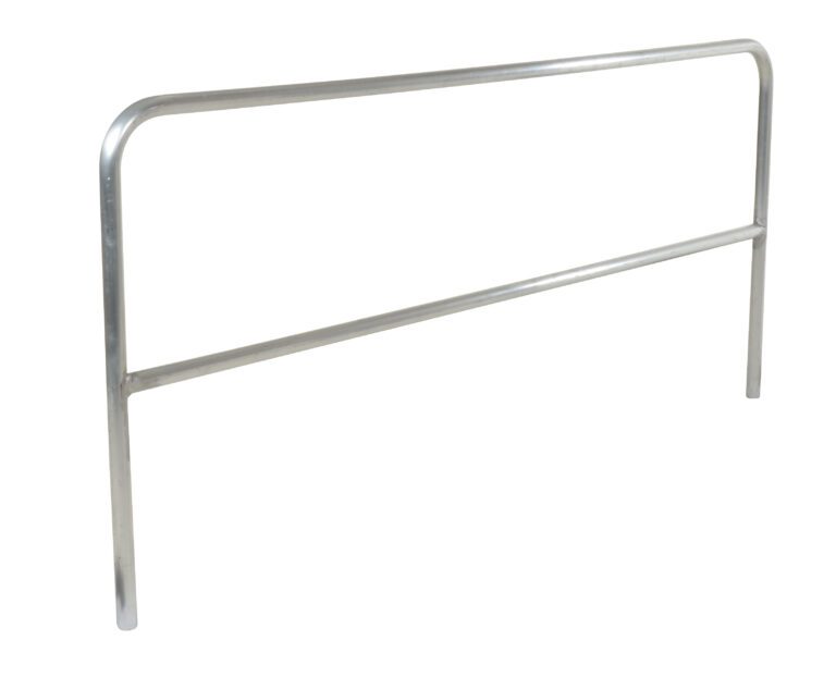 The Vestil Aluminum Pipe Safety Railing 120 In features a minimalist design with two vertical legs, a top horizontal bar, and a middle support for added strength, ensuring easy installation and reliable safety.