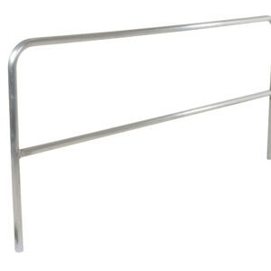 The Vestil Aluminum Pipe Safety Railing 120 In features a minimalist design with two vertical legs, a top horizontal bar, and a middle support for added strength, ensuring easy installation and reliable safety.