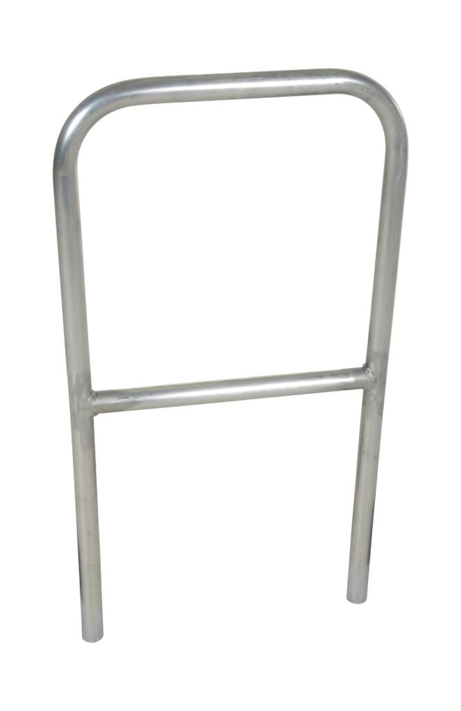 A silver bike rack, echoing the elegant design of a Vestil Aluminum Safety Railing 24 In L, has two vertical and one horizontal top bar forming a rectangle. It stands stylishly against a white background.