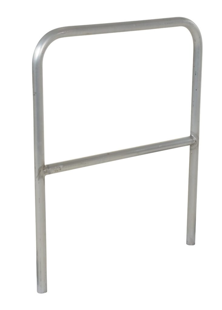 ADKR-3_A.jpg The Vestil Aluminum Safety Railing 36 In L is a silver, rectangular metal bike rack with rounded top corners, two vertical legs, and a mid-horizontal bar. Its smooth finish shines against the white background.
