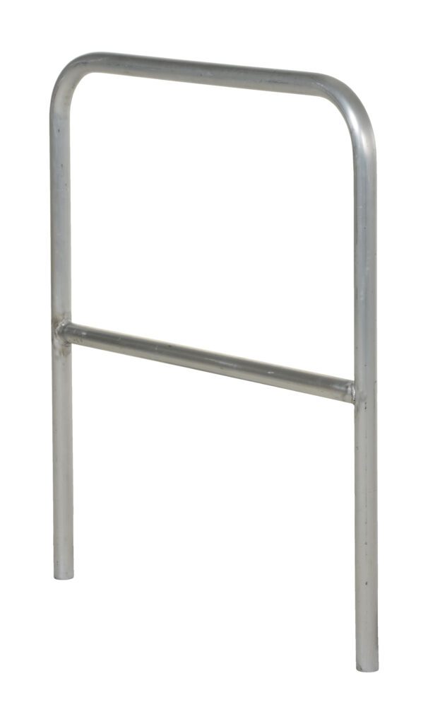 A rectangular metal bike rack with a horizontal bar, like the Vestil Aluminum Safety Railing 36 In L, features a minimalist design in a sleek silver finish for securing bicycles.