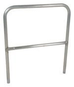 A silver bike rack with a minimalist, metallic design that echoes the Vestil Aluminum Safety Railing 36 In L. It has a U-shaped frame, two legs, and a horizontal bar near the bottom, set against a plain white background.