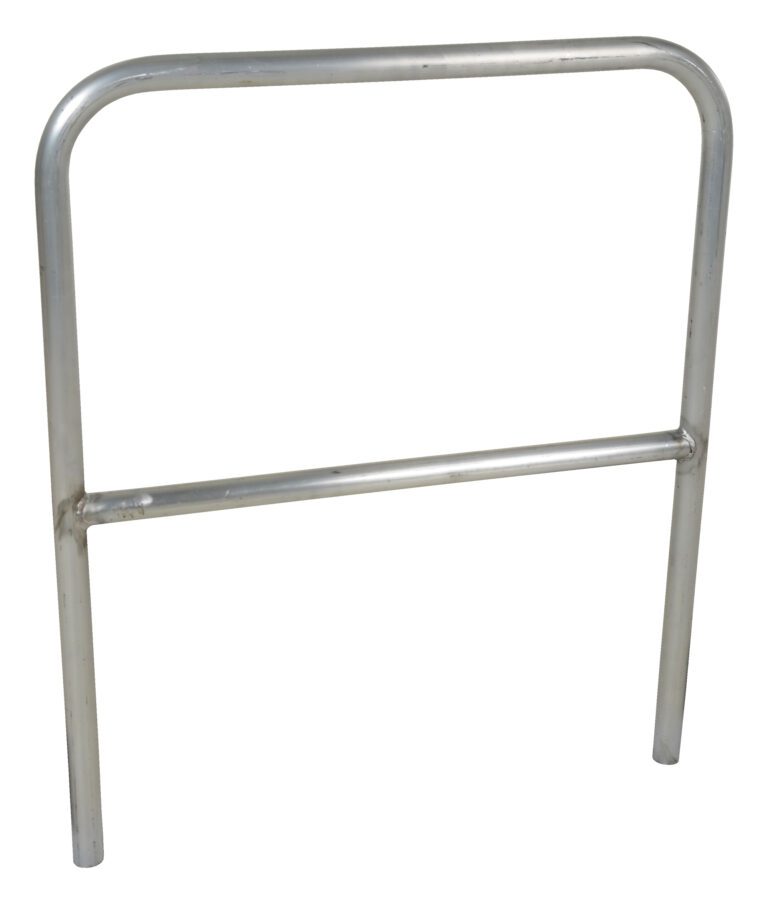 A silver bike rack with a minimalist, metallic design that echoes the Vestil Aluminum Safety Railing 36 In L. It has a U-shaped frame, two legs, and a horizontal bar near the bottom, set against a plain white background.