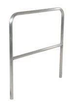 A sleek silver metal bike rack features a minimalist rectangular frame with a low horizontal bar, similar to the Vestil Aluminum Safety Railing 48 In L. It stands empty against a stark white backdrop.