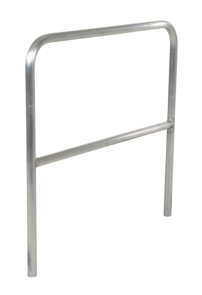 A sleek silver metal bike rack features a minimalist rectangular frame with a low horizontal bar, similar to the Vestil Aluminum Safety Railing 48 In L. It stands empty against a stark white backdrop.