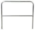 The bike rack mirrors the Vestil Aluminum Safety Railing 48 In L, showcasing a metal build with a simple rectangle shape and rounded top corners. It includes a central horizontal bar for added structure and secure bicycle storage.