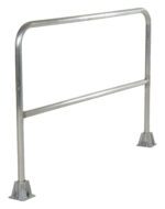 The Vestil Aluminum Safety Railing 60 In L features a silver finish with two supporting legs and a horizontal bar. Measuring 60 inches, its ideal for crowd control or restricted area marking, providing a durable and stylish freestanding barrier.