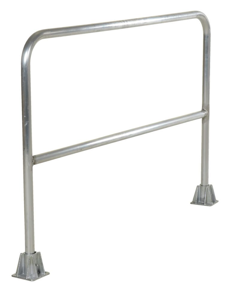 The Vestil Aluminum Safety Railing 60 In L features a silver finish with two supporting legs and a horizontal bar. Measuring 60 inches, its ideal for crowd control or restricted area marking, providing a durable and stylish freestanding barrier.