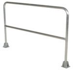 The Vestil Aluminum Safety Railing 72 In L is a metallic, rectangular structure with rounded corners, featuring a horizontal support bar and two sturdy base supports for stability and protection in various settings.