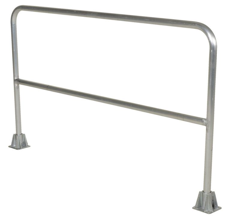 The Vestil Aluminum Safety Railing 72 In L is a metallic, rectangular structure with rounded corners, featuring a horizontal support bar and two sturdy base supports for stability and protection in various settings.