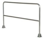 The Vestil Aluminum Safety Railing 84 In L has a sleek horizontal bar supported by two sturdy posts, each with a wide base for stability, featuring a simple, functional metallic finish.