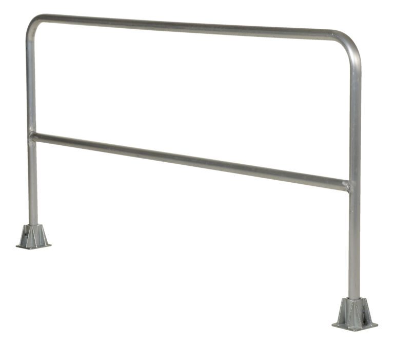 The Vestil Aluminum Safety Railing 84 In L has a sleek horizontal bar supported by two sturdy posts, each with a wide base for stability, featuring a simple, functional metallic finish.