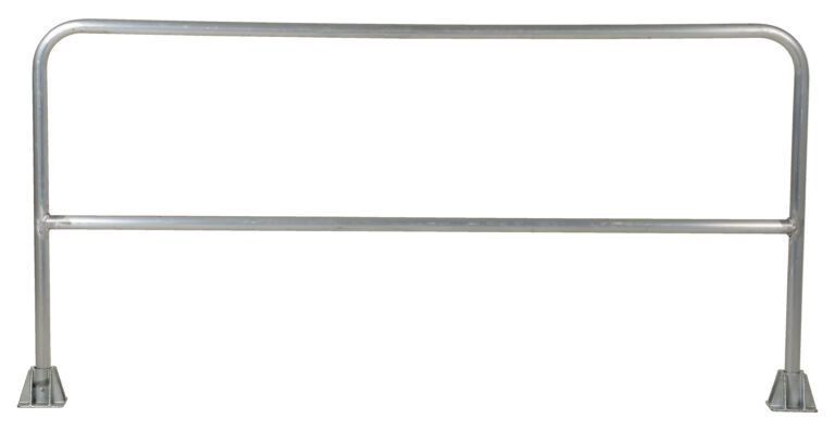The Vestil Aluminum Safety Railing 84 In L, with two horizontal bars and sturdy legs, is perfect for crowd control or safety uses. This metal barrier is isolated on a white background.
