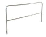 A sleek metal headboard with a rectangular frame and horizontal support bar mirrors the design of a Vestil Aluminum Safety Railing 96 In L. It features rounded corners and legs for bed attachment, providing a shiny, smooth surface.