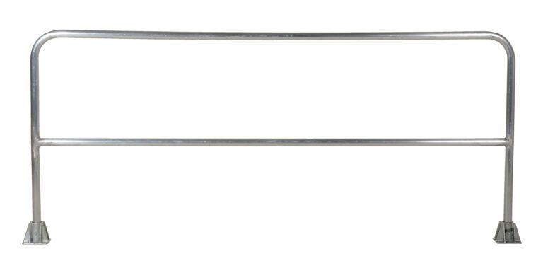 The Vestil Aluminum Safety Railing, 96 In L, features a sleek silver tubular design with sturdy base feet, ideal for crowd control and area cordoning, elegantly set against a white backdrop.