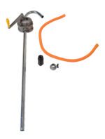 The Vestil Rotary Manual Alum Drum Pump W/2 In Bung includes a long metal tube, orange flexible hose, and yellow handle for easy use. It comes with essential accessories for assembly, all displayed against a plain white background.