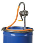 A blue barrel equipped with a Vestil Rotary Manual Alum Drum Pump W/2 In Bung, featuring a metallic handle and orange flexible hose, efficiently transfers liquids.