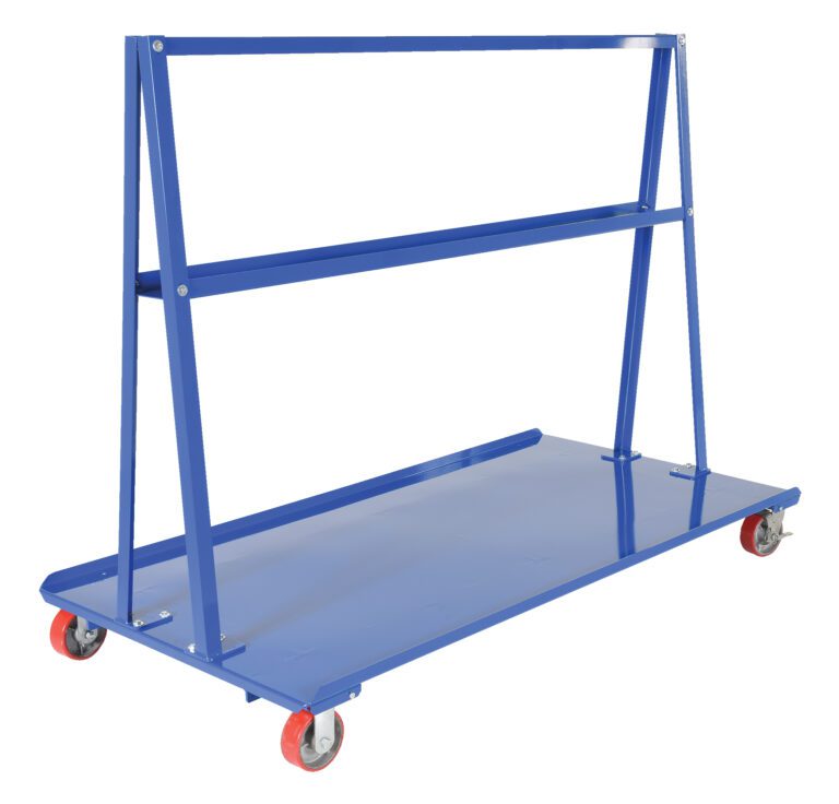 AF-3672_A.jpg The Vestil A-Frame Cart, with a 2K capacity and dimensions of 36.6875 x 72 inches, features a robust blue metal design with a triangular frame and flat base for easy transport of large materials. Four red and gray caster wheels provide smooth mobility.