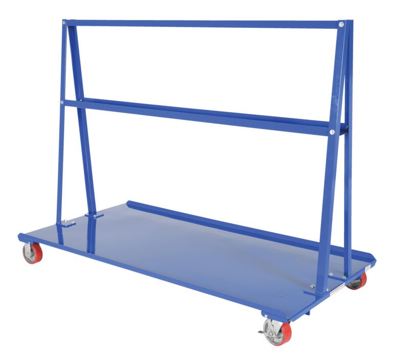 The Vestil A-Frame Cart 2K Capacity 36.6875 x 72 inches features a sleek blue metal sheet design with four vibrant red wheels, ideal for storing and transporting large panels or boards easily due to its flat base and angled frame.