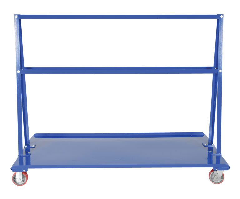 The Vestil A-Frame Cart with a 2K capacity includes red-wheeled casters and a flat base for transport. Its vertical frame offers support, and the design focuses on easy maneuverability for heavy items across a space of 36.6875 x 72 inches.