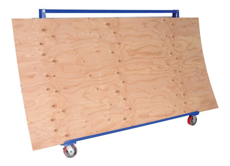 A large plywood sheet sits on a blue Vestil A-Frame Cart (2K Capacity, 36.6875 x 72 in) with wheels, against a plain white backdrop.