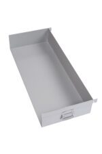 The Little Giant 9 Deep Tray, a rectangular silver metal drawer accessory featuring a handle on one side, is displayed with smooth surfaces angled against a plain white background.