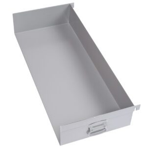 The Little Giant 9 Deep Tray, a rectangular silver metal drawer accessory featuring a handle on one side, is displayed with smooth surfaces angled against a plain white background.