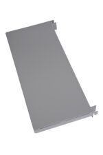The Little Giant AF-SHELF-FLUSH, featuring folded edges and two small flanges on opposite sides, is a rectangular stainless steel sheet. It rests on a flat white surface, boasting a smooth and reflective finish that highlights its functional design.