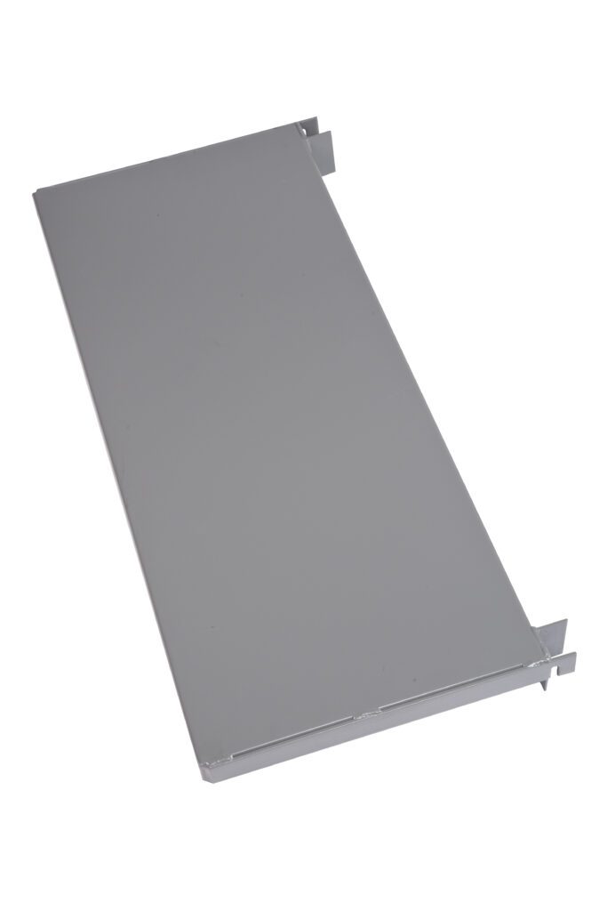 The Little Giant AF-SHELF-FLUSH, featuring folded edges and two small flanges on opposite sides, is a rectangular stainless steel sheet. It rests on a flat white surface, boasting a smooth and reflective finish that highlights its functional design.