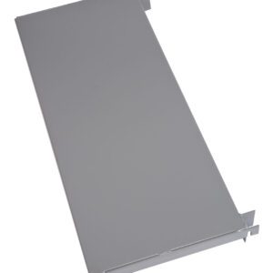 The Little Giant AF-SHELF-FLUSH, featuring folded edges and two small flanges on opposite sides, is a rectangular stainless steel sheet. It rests on a flat white surface, boasting a smooth and reflective finish that highlights its functional design.