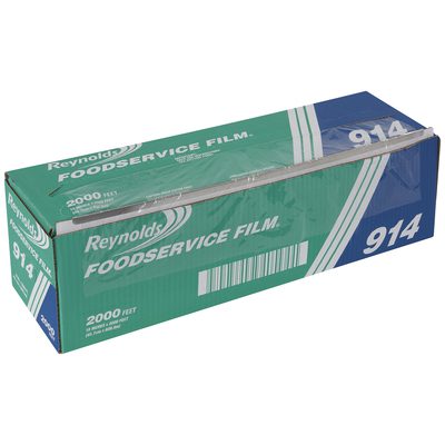 AF122000.jpg A box of Reynolds Foodservice Film, measuring 12 x 2,000, comes with distinctive green and blue packaging and the number 914 displayed on the side.