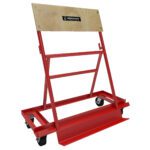 The Vestil A-Frame Steel Truck, featuring steel casters and dimensions of 22.75 X 42.625, is a red, angled cart with a wooden panel and logo, designed for transporting large sheets like drywall or plywood using its sturdy base and vertical frame.